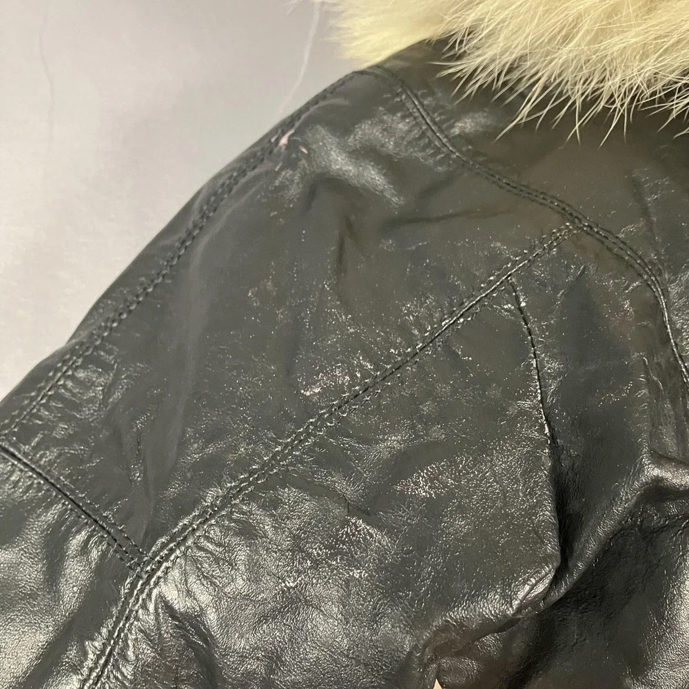 Casablanca Leather Jacket Womens 8 Black Genuine Fur‎ Trim Hooded Crop Bomber
